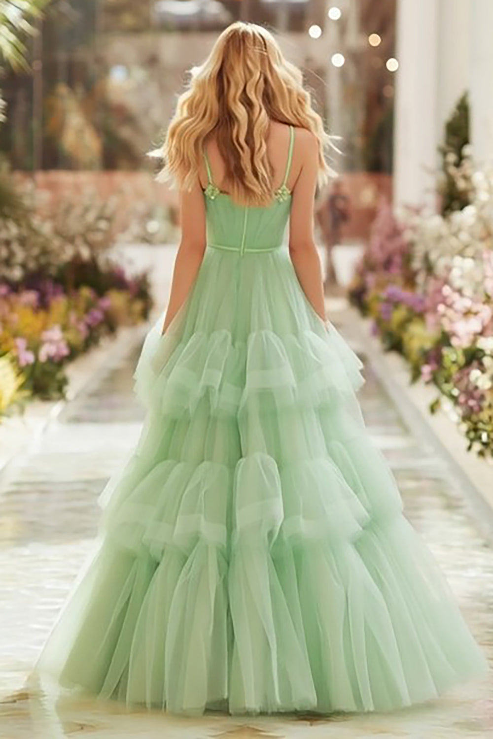 Light Green Tulle Tiered Spaghetti Straps Long Princess Prom Dress