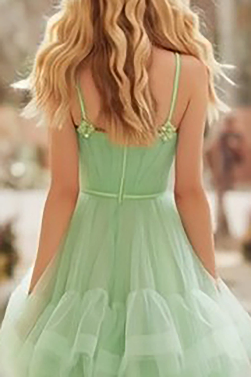 Light Green Tulle Tiered Spaghetti Straps Long Princess Prom Dress