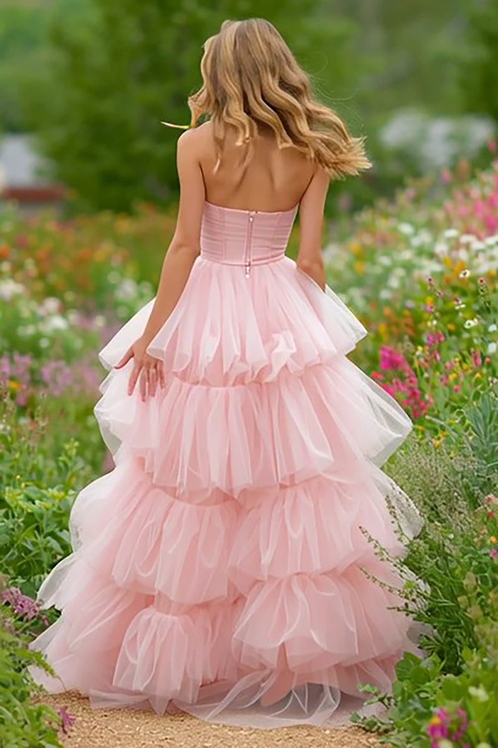 Light Pink Corset Tulle High-Low Prom Dress with Slit