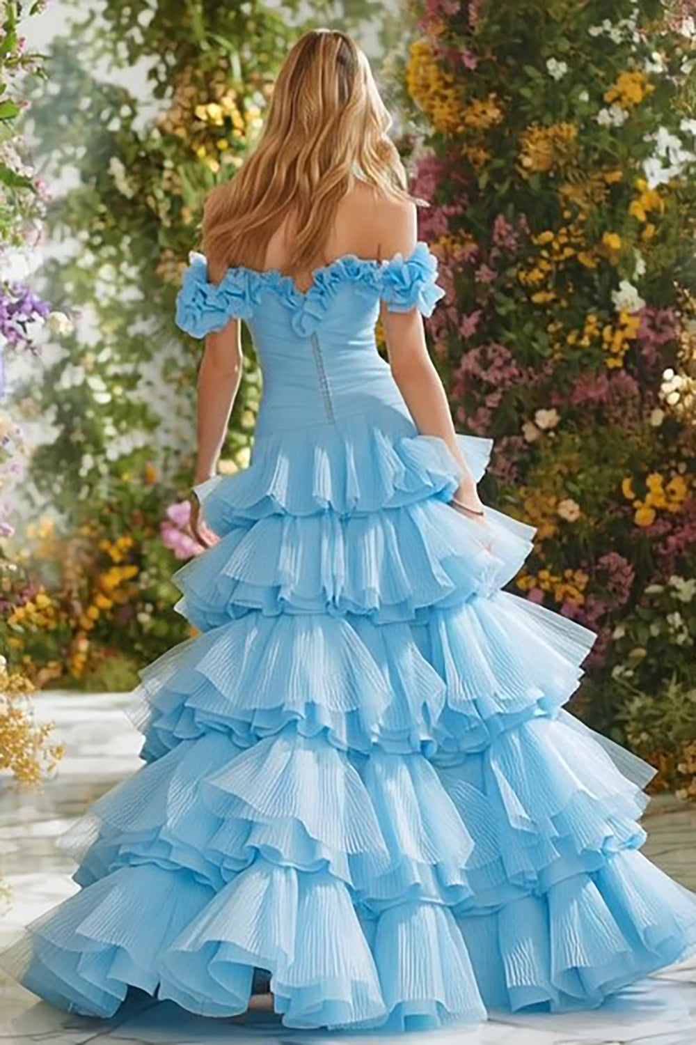 Sky Blue A-Line Off the Shoulder Long Prom Dress with Ruffles