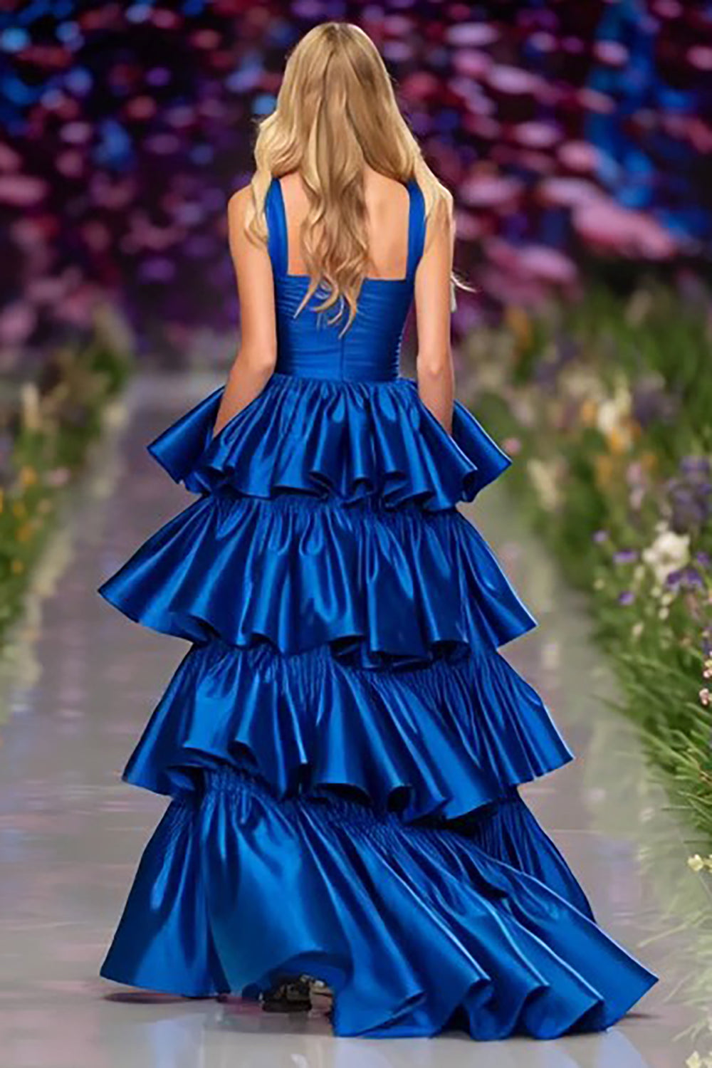 Dark Blue Ball Gown Satin Tiered Long Prom Dress with Slit