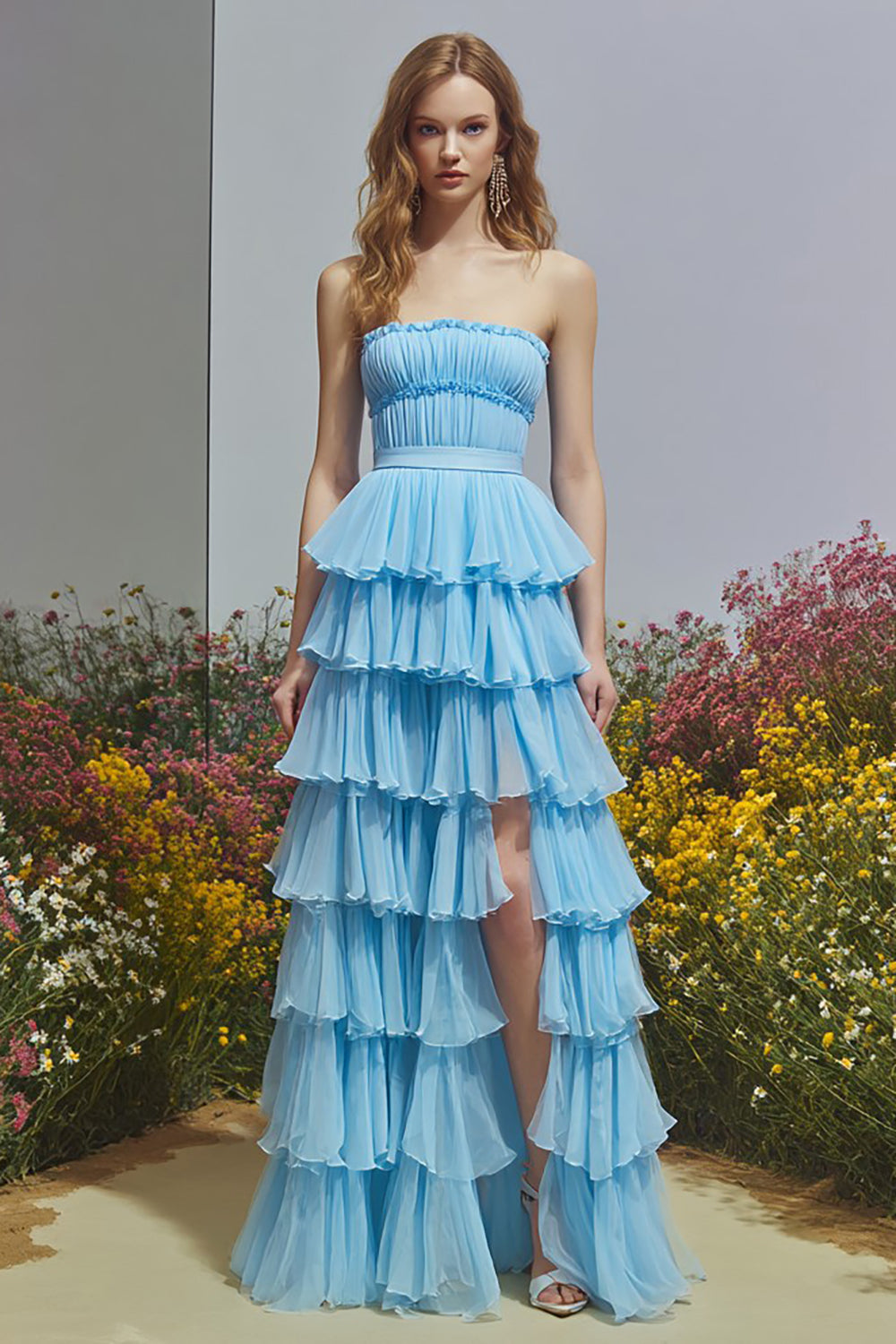 Sky Blue A-Line Strapless Tiered Long Prom Dress with Slit