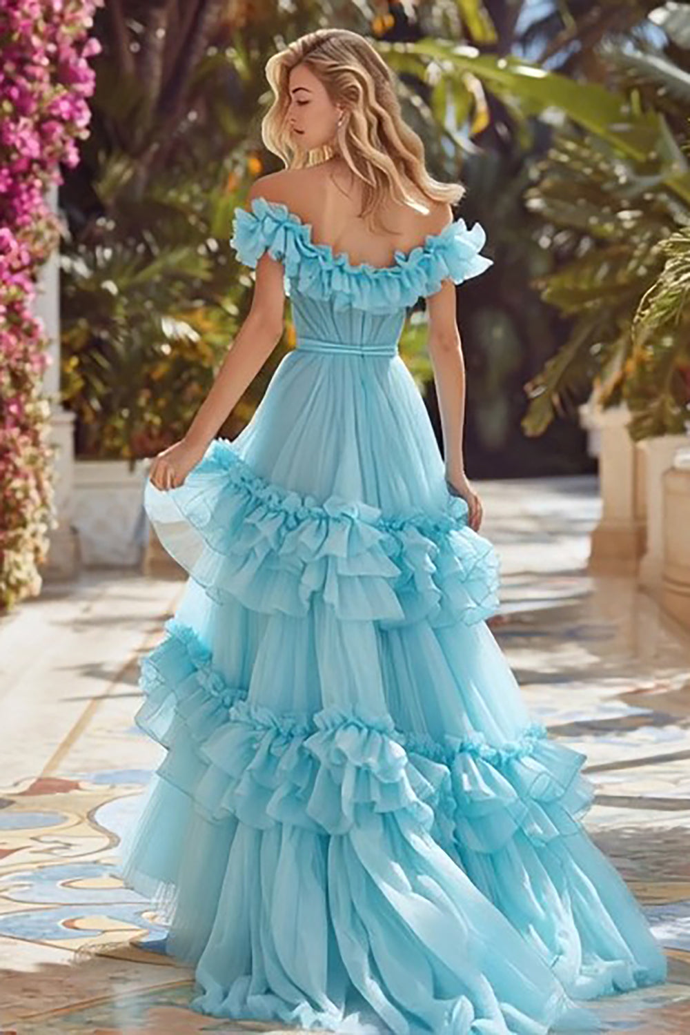 Sky Blue Ball Gown Off the Shoulder Tiered Long Prom Dress with Ruffles