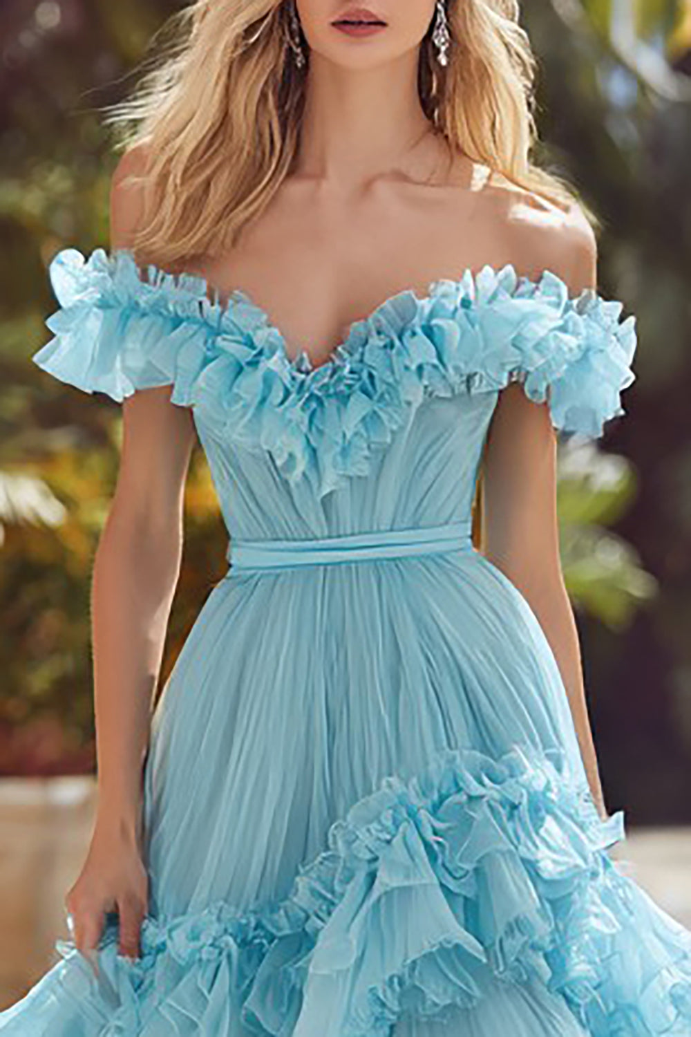 Sky Blue Ball Gown Off the Shoulder Tiered Long Prom Dress with Ruffles