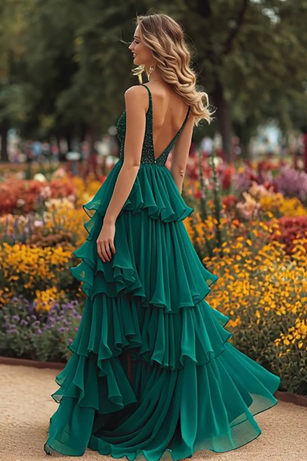 Sparkly Dark Green A-Line Tiered Backless Long Prom Dress with Slit