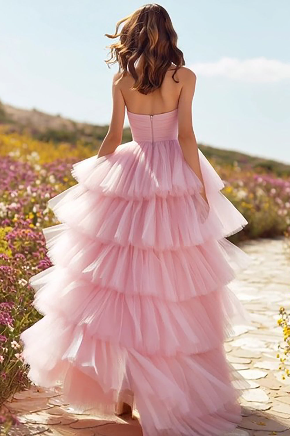 Pink Ball Gown Organza Tiered Sweetheart Long Prom Dress with Slit
