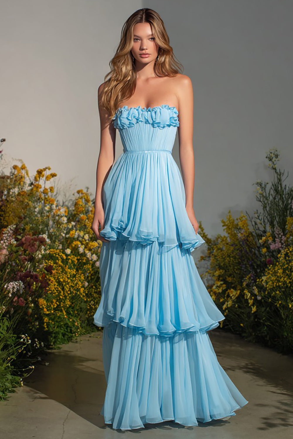 Sky Blue A-Line Strapless Tiered Long Prom Dress with Ruffles