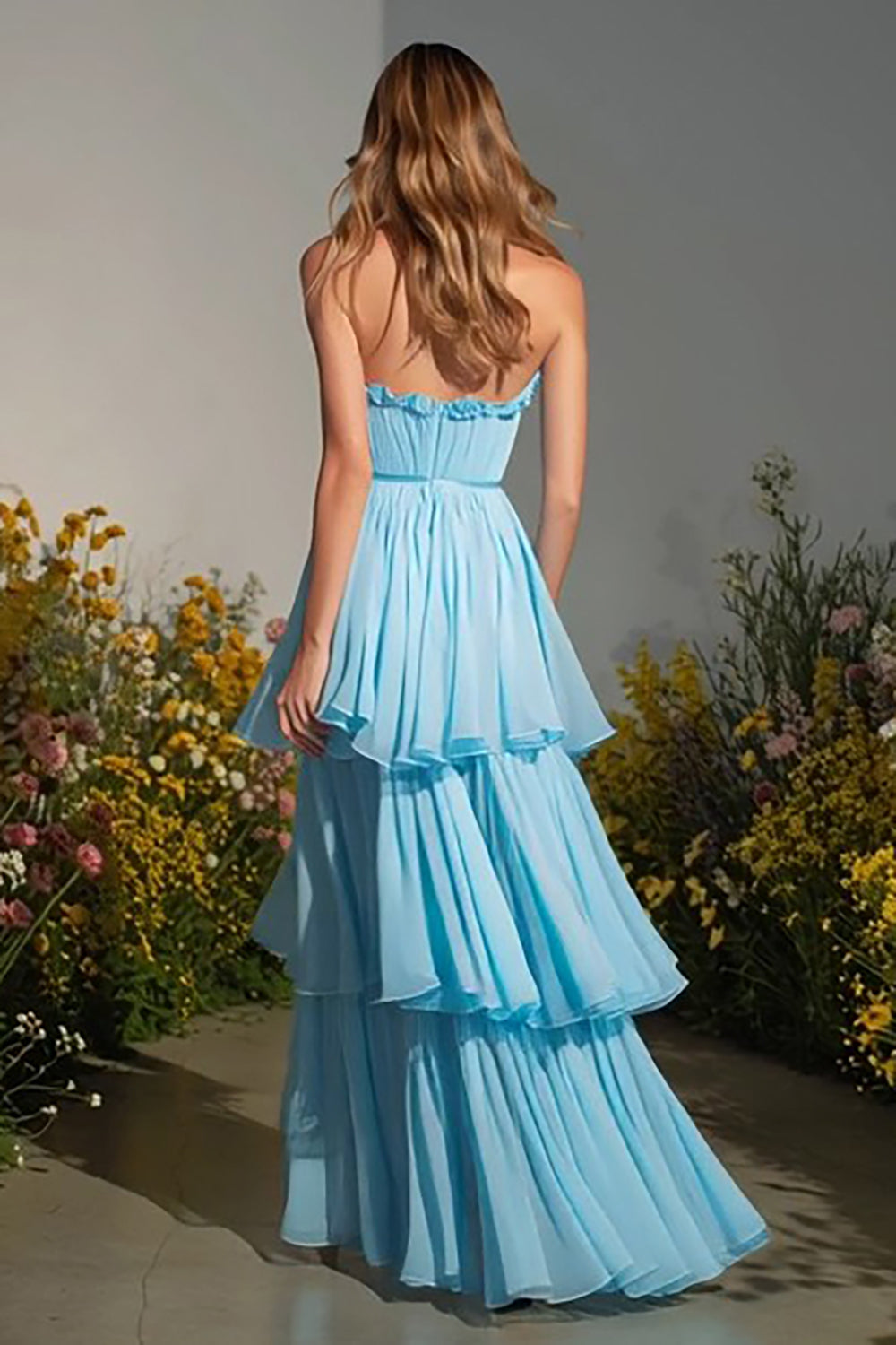 Sky Blue A-Line Strapless Tiered Long Prom Dress with Ruffles