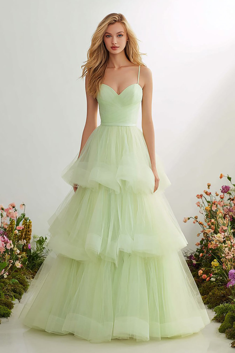 Light Green Tulle Ball Gown Long Prom Dress with Ruffles