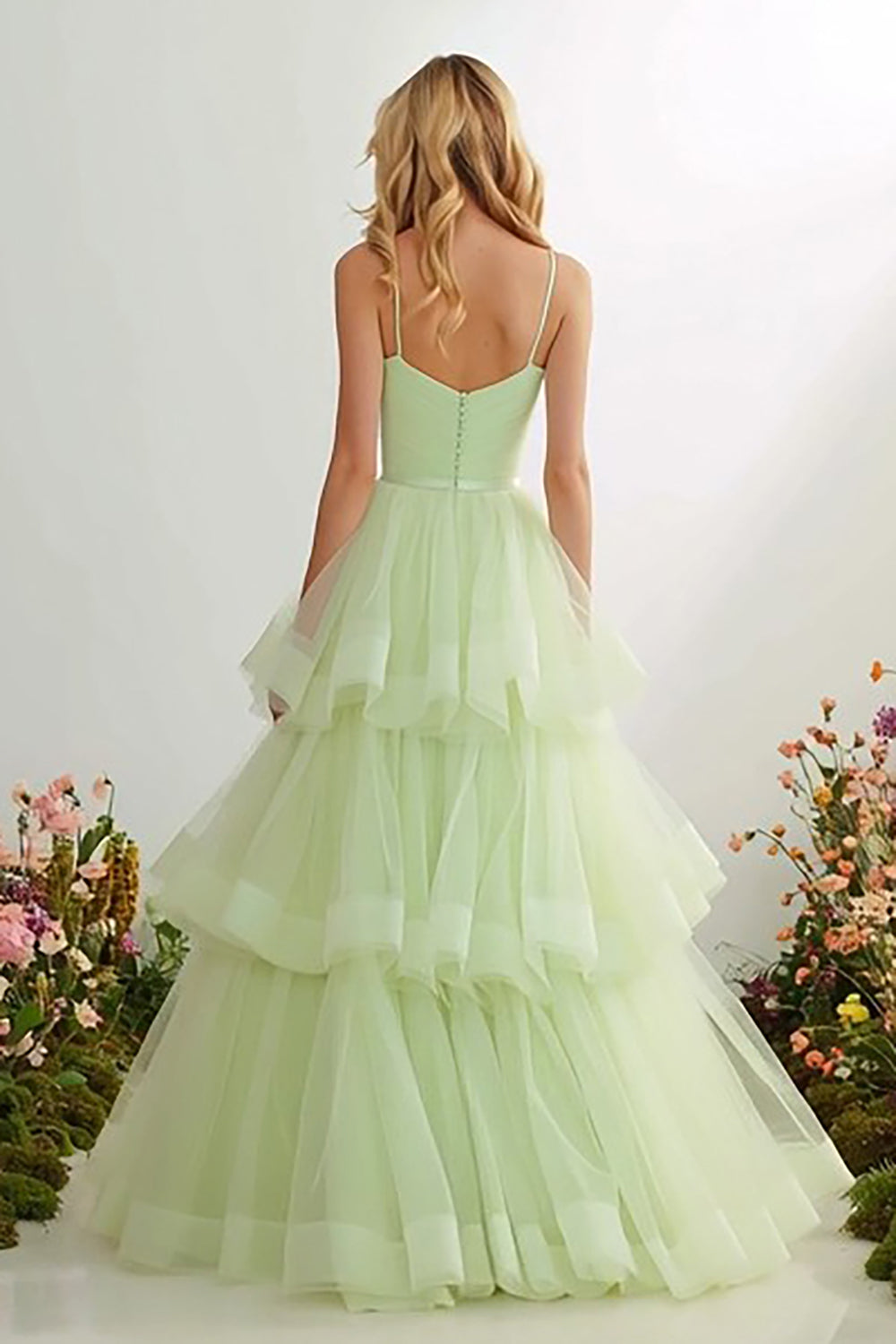 Light Green Tulle Ball Gown Long Prom Dress with Ruffles