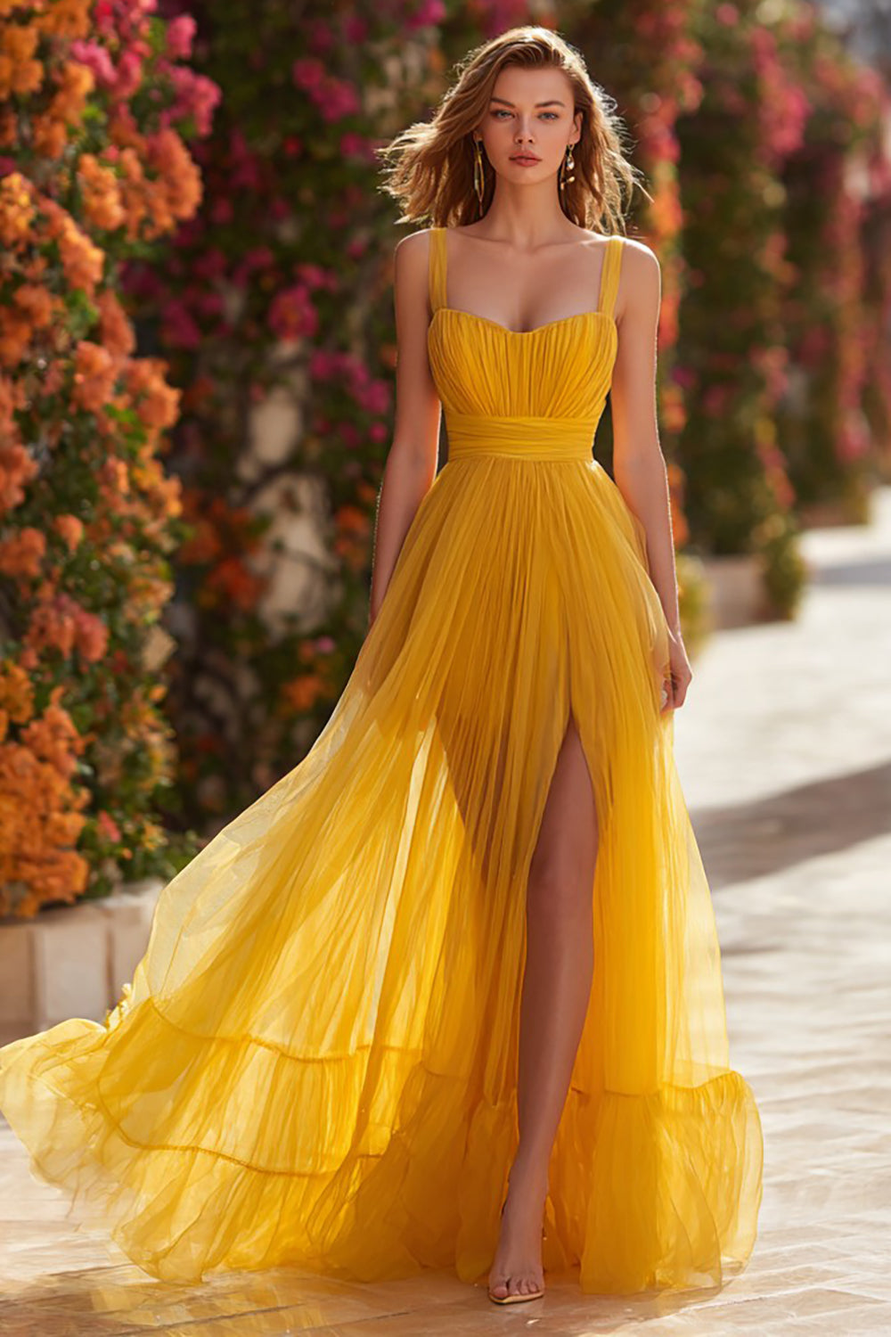 Yellow A-Line Tulle Spaghetti Straps Long Prom Dress with Slit