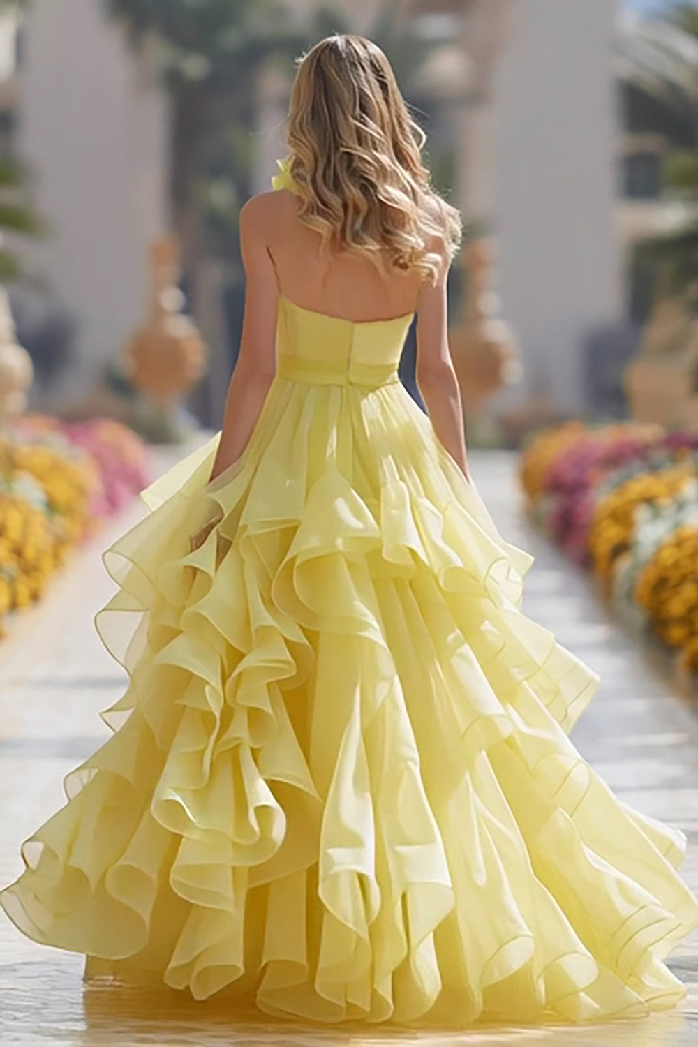 Light Yellow A-Line Tulle Halter Long Prom Dress with Ruffles