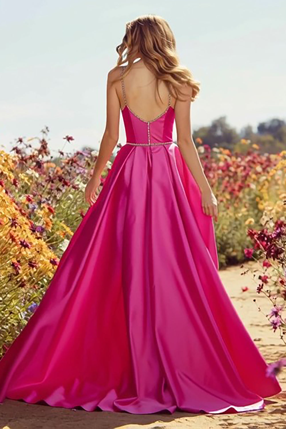 Sparkly Fuchsia A-Line Long Satin Prom Dress with Slit