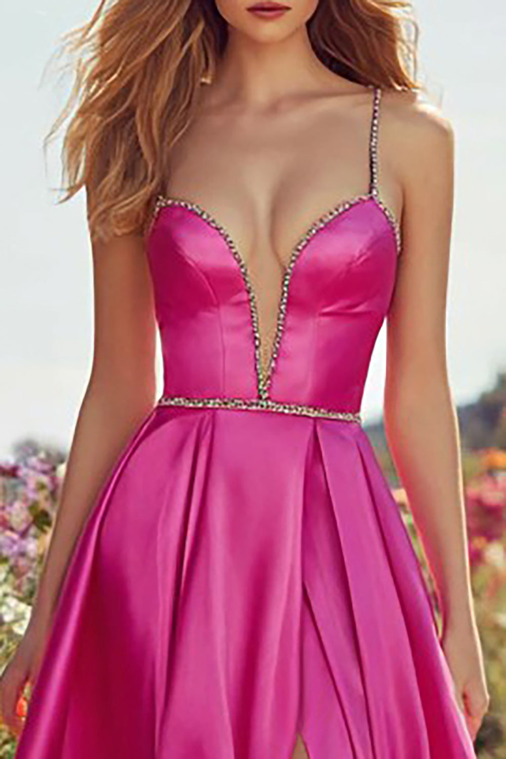 Sparkly Fuchsia A-Line Long Satin Prom Dress with Slit