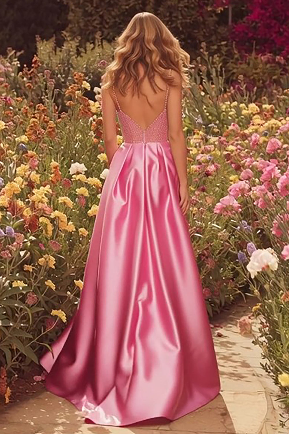 Sparkly Pink A-Line Beaded Satin Long Prom Dress with Slit