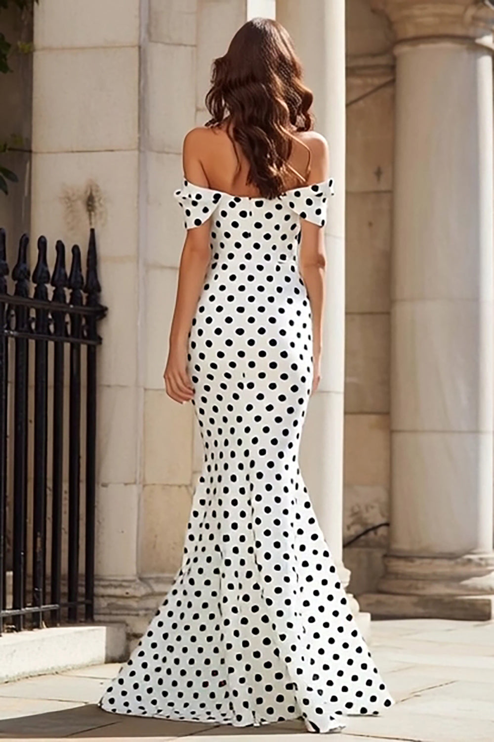 Black and White Polka Dots Off the Shoulder Long Mermaid Prom Dress with Bow