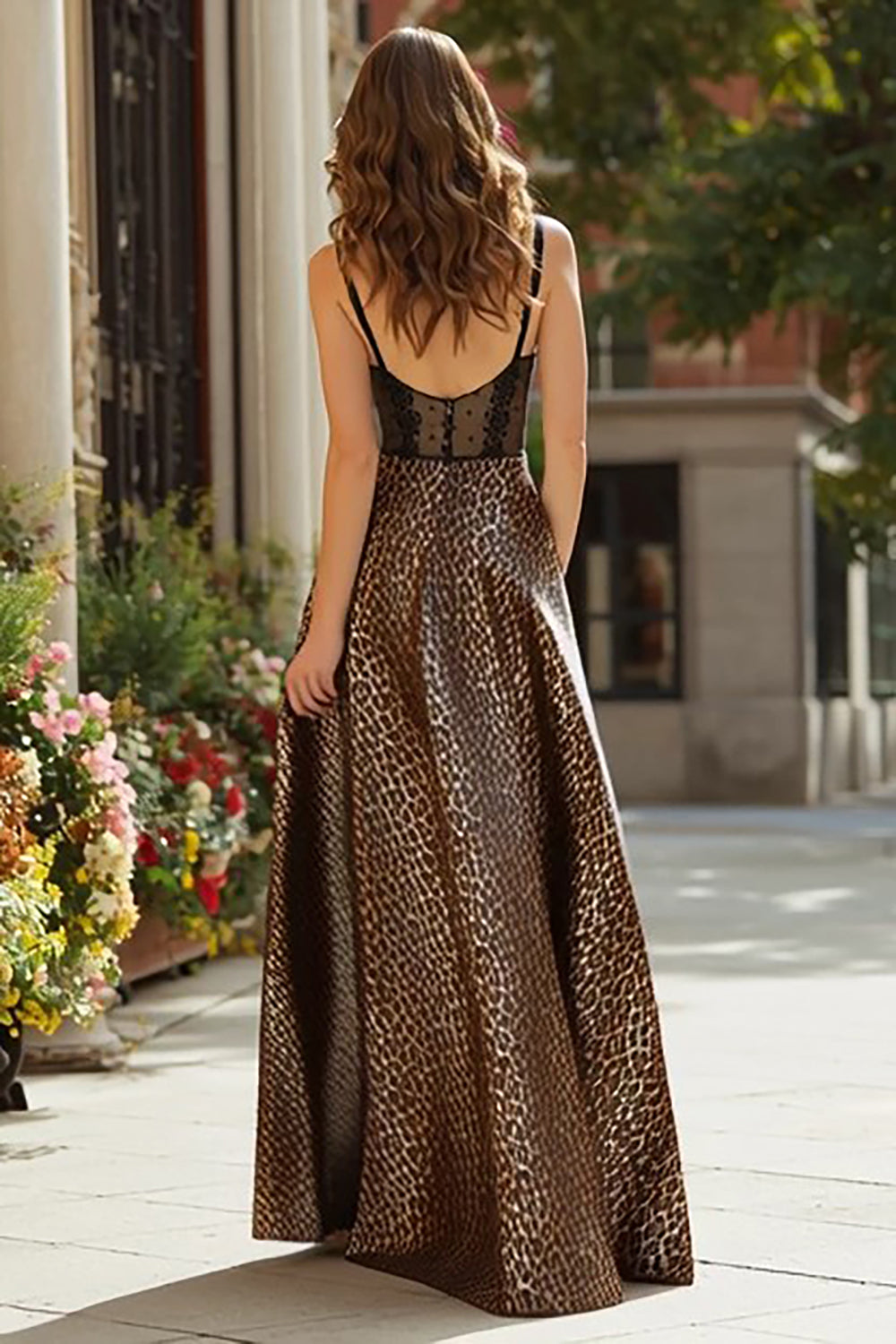 Brown Leopard Print A-Line Backless Long Corset Prom Dress with Lace