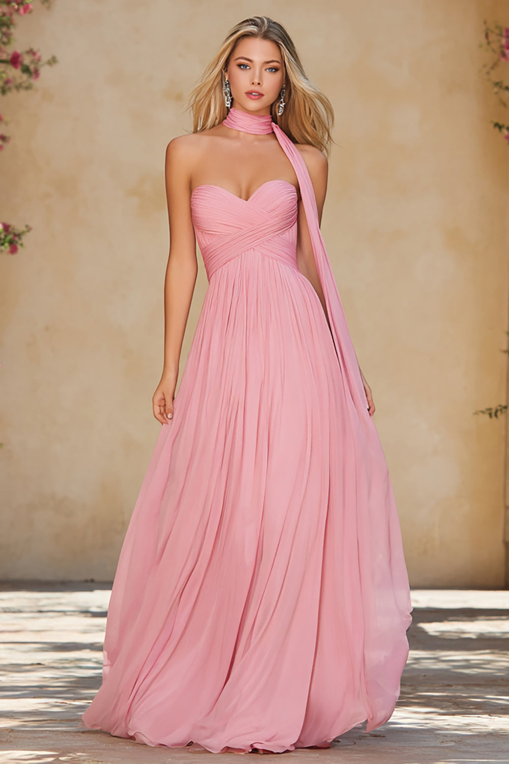Pink A Line Sweetheart Neck Scarf Long Chiffon Prom Dress
