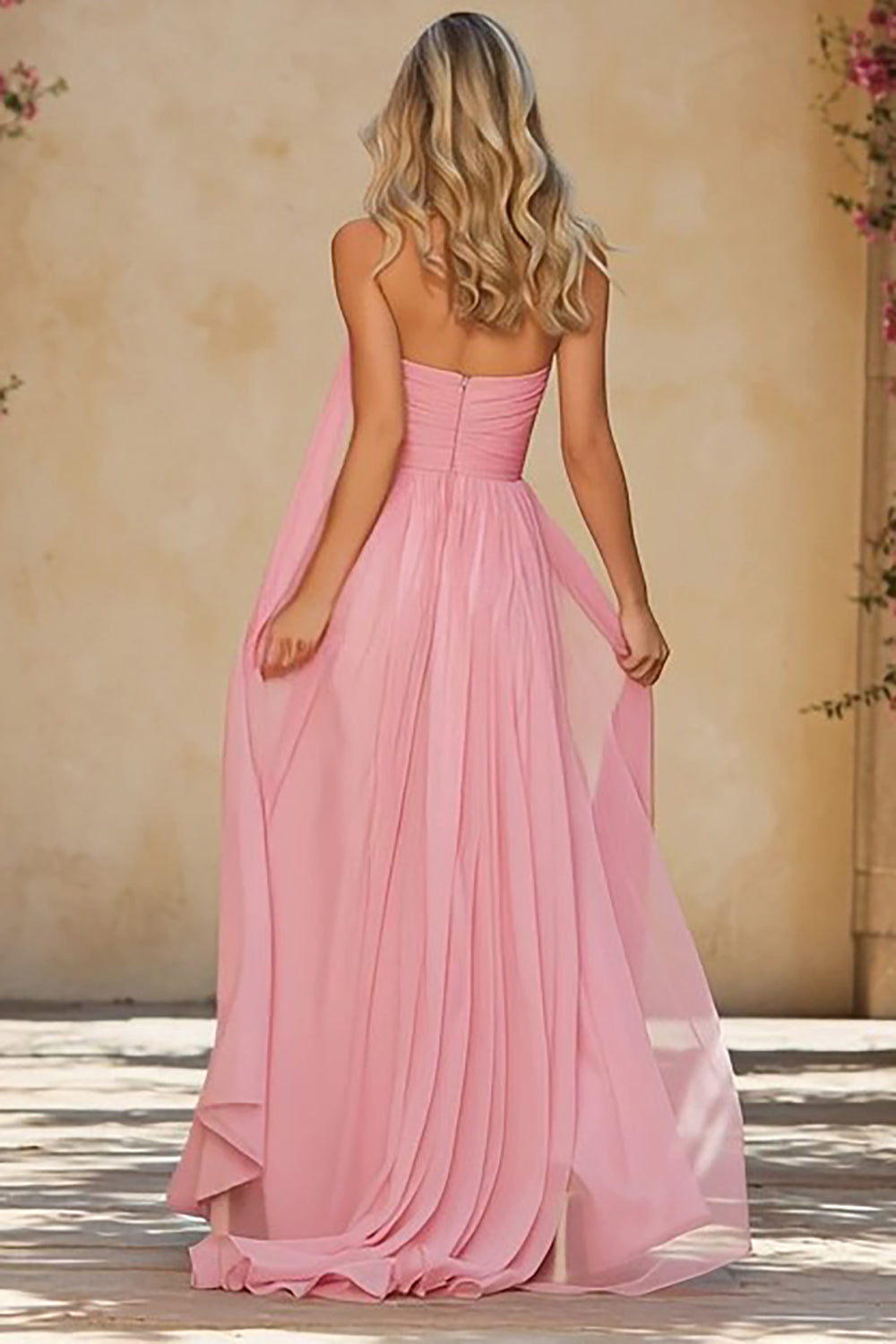 Pink A Line Sweetheart Neck Scarf Long Chiffon Prom Dress