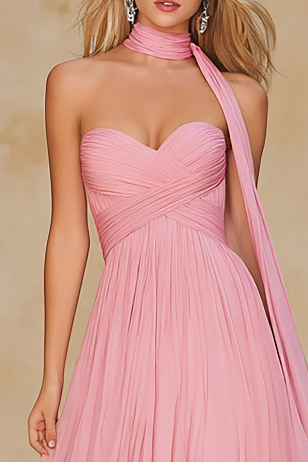 Pink A Line Sweetheart Neck Scarf Long Chiffon Prom Dress
