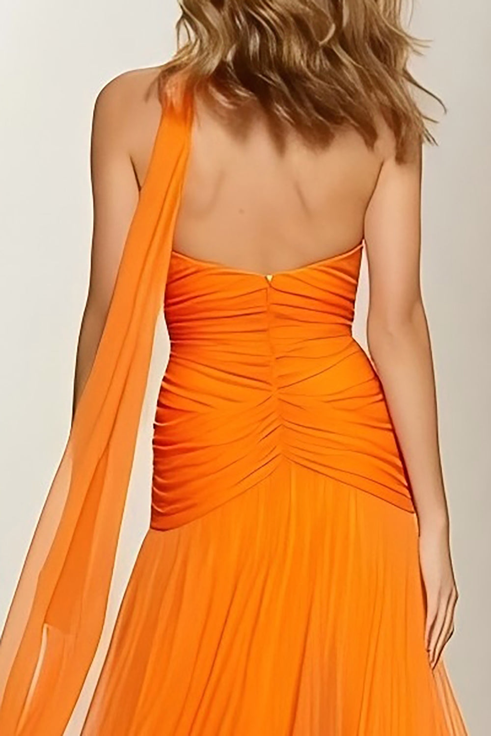 Orange Neck Scarf A Line Pleated Sweetheart Long Prom Dress