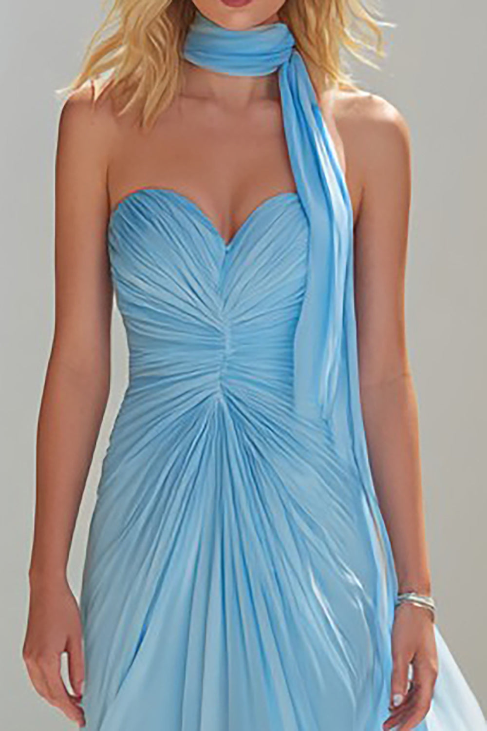 Flowy Sky Blue A-Line Sweetheart Neck Scarf Ruched Long Prom Dress