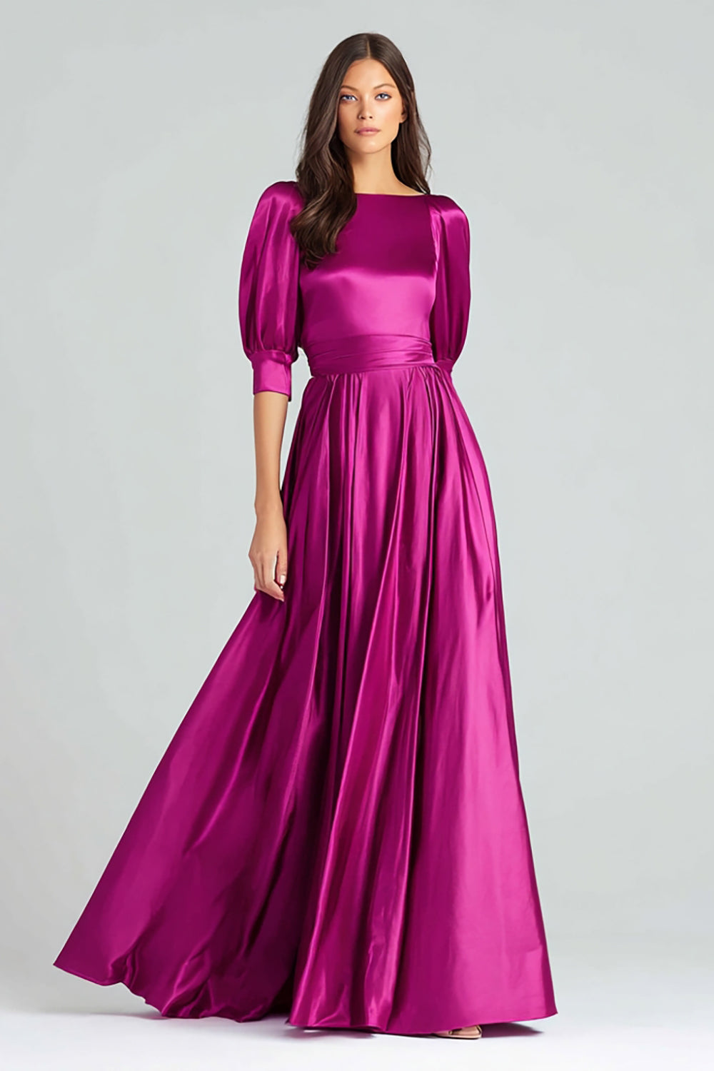 Fuchsia A-Line Bateau Neck Satin Long Formal Dress with Sleeves