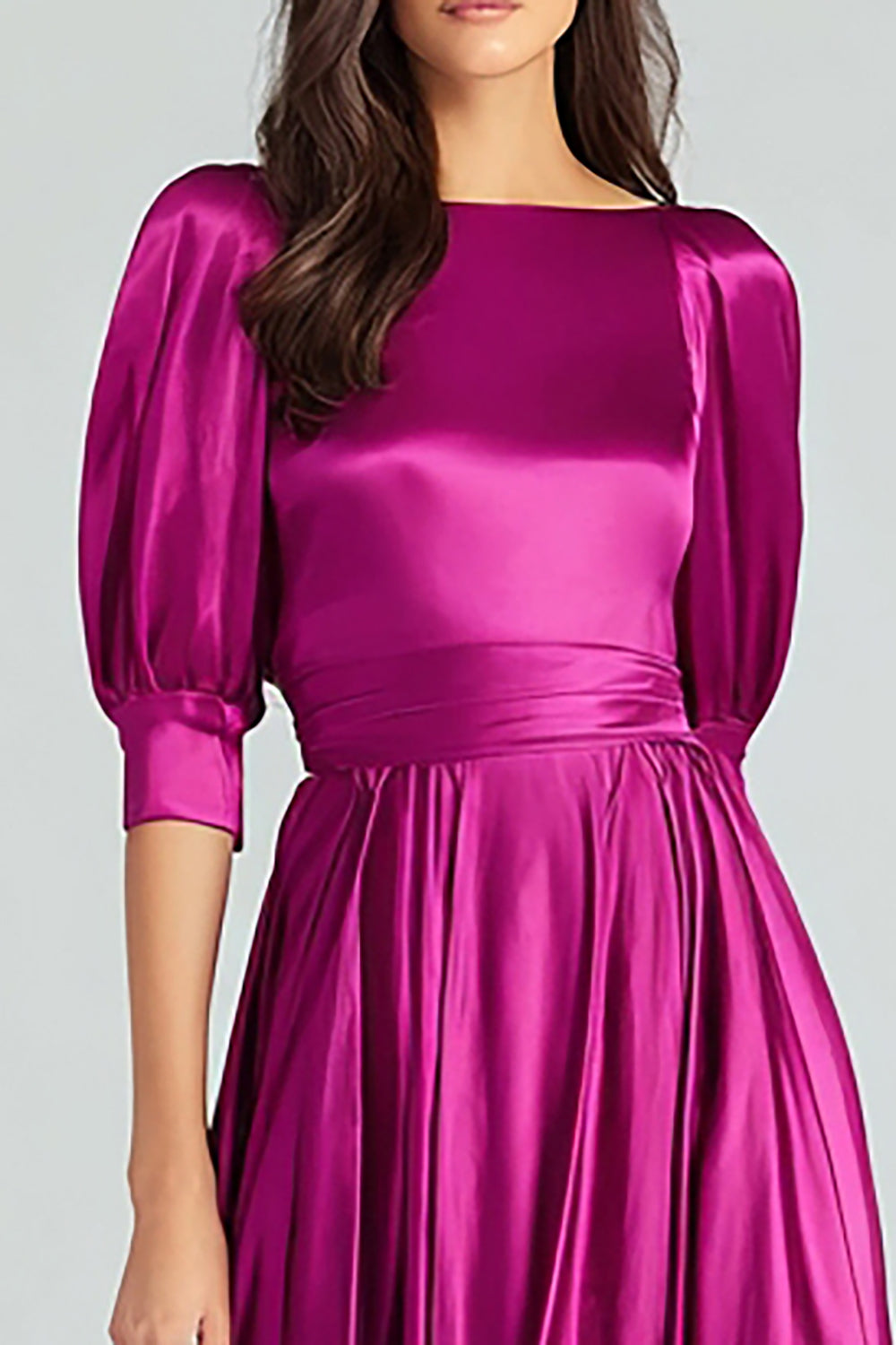 Fuchsia A-Line Bateau Neck Satin Long Formal Dress with Sleeves
