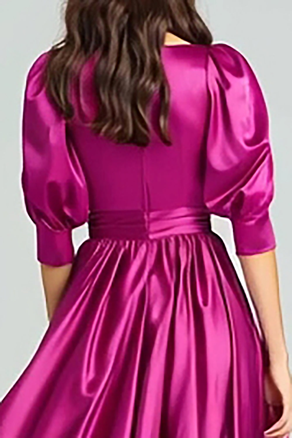 Fuchsia A-Line Bateau Neck Satin Long Formal Dress with Sleeves