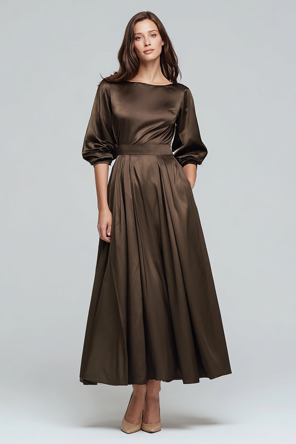 Olive Satin A-Line Long Evening Dress with Sleeves