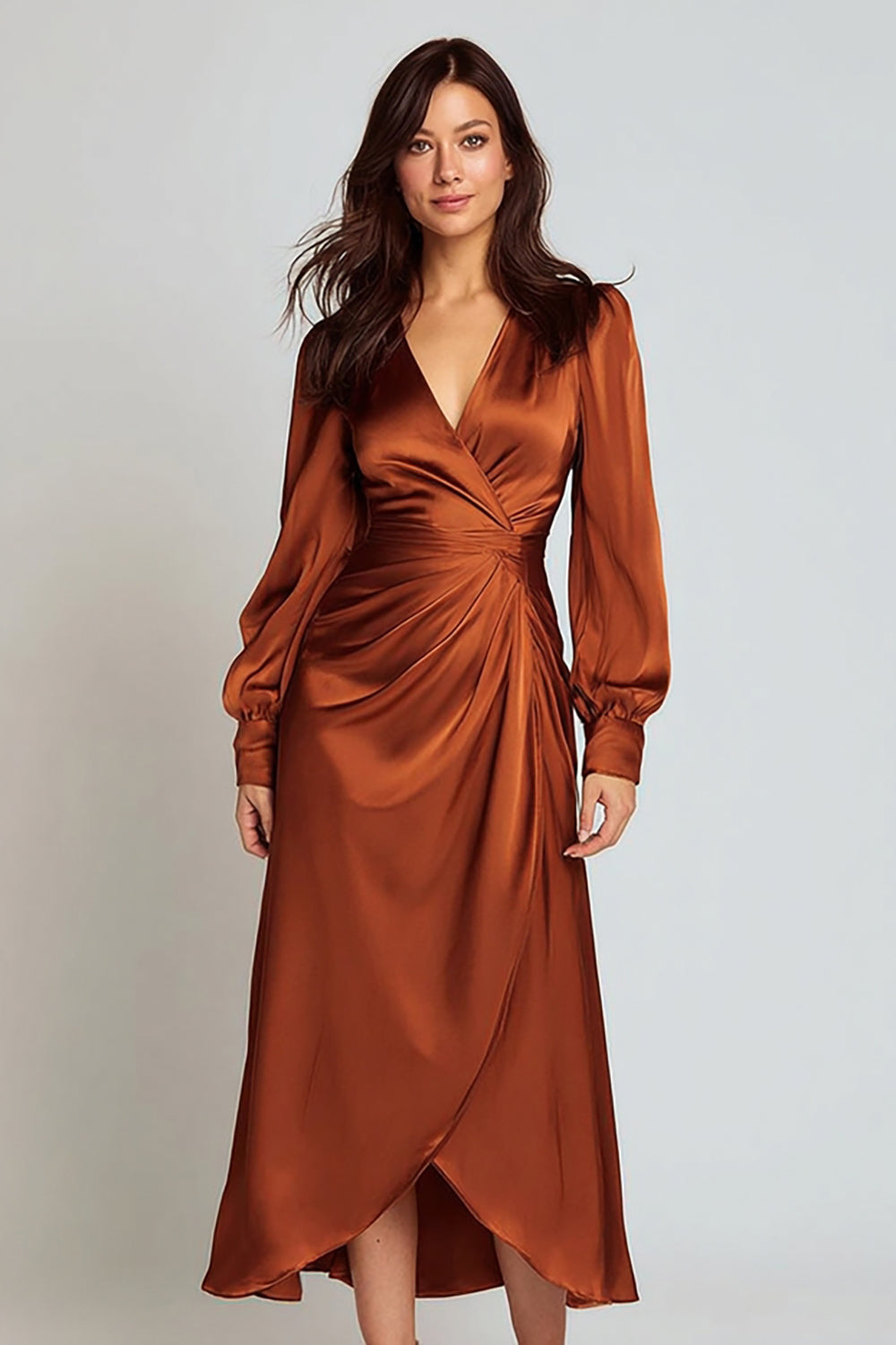 Rust Satin A-Line V-Neck Ruched Midi Formal Dress with Sleeves