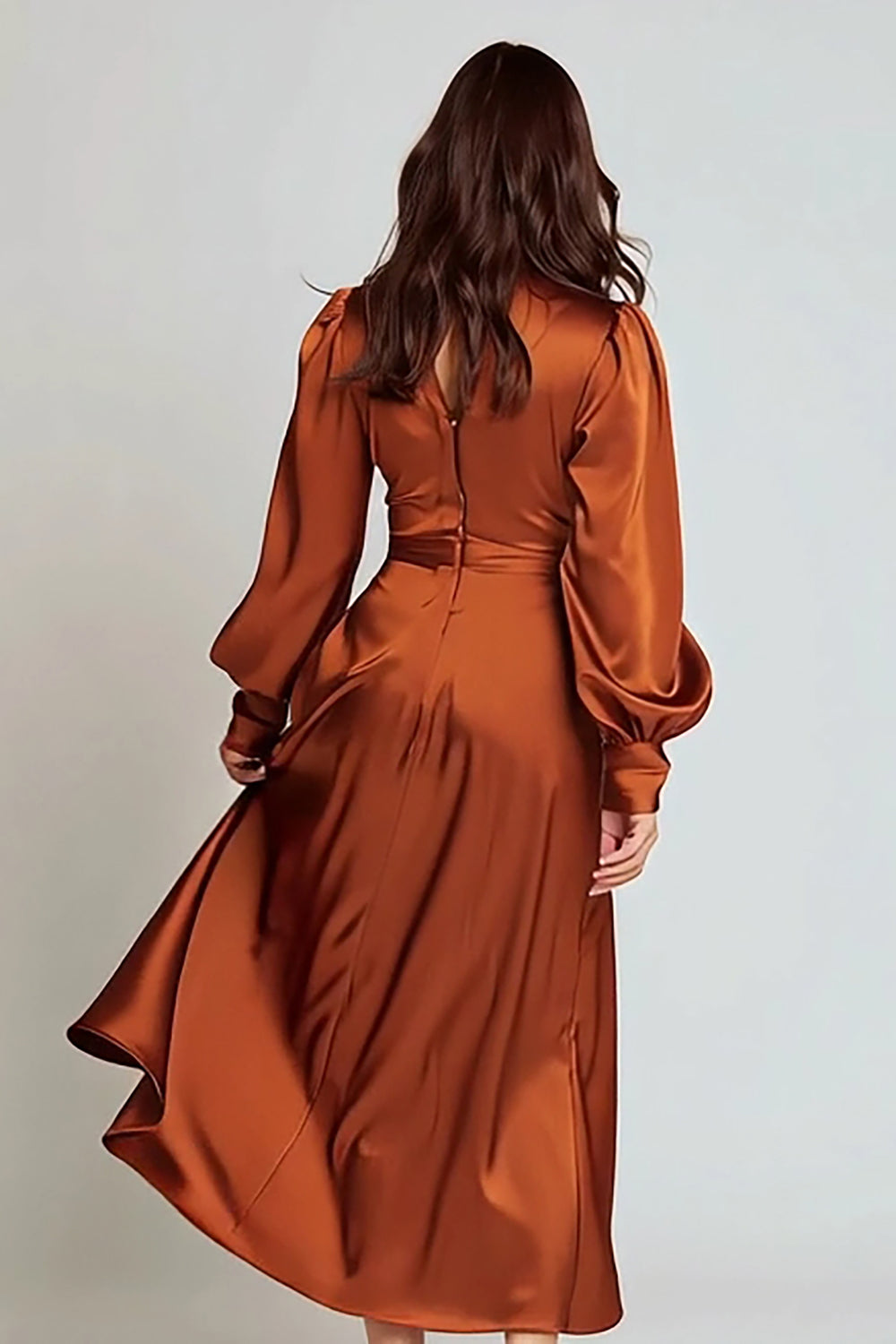Rust Satin A-Line V-Neck Ruched Midi Formal Dress with Sleeves