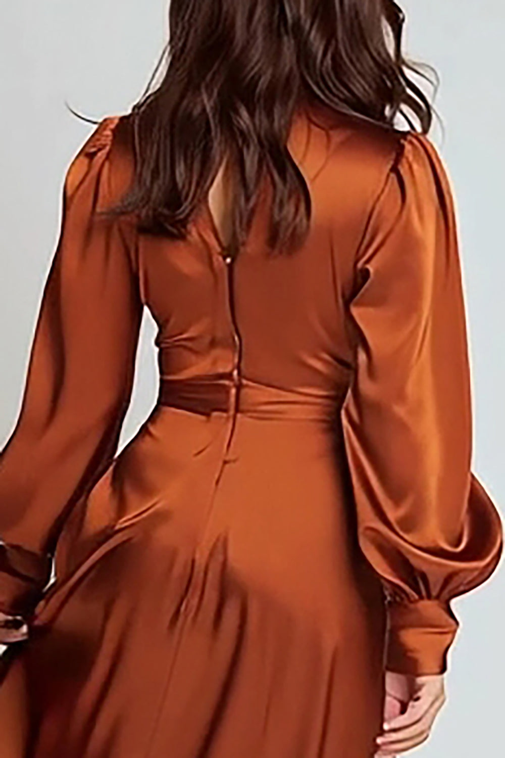 Rust Satin A-Line V-Neck Ruched Midi Formal Dress with Sleeves