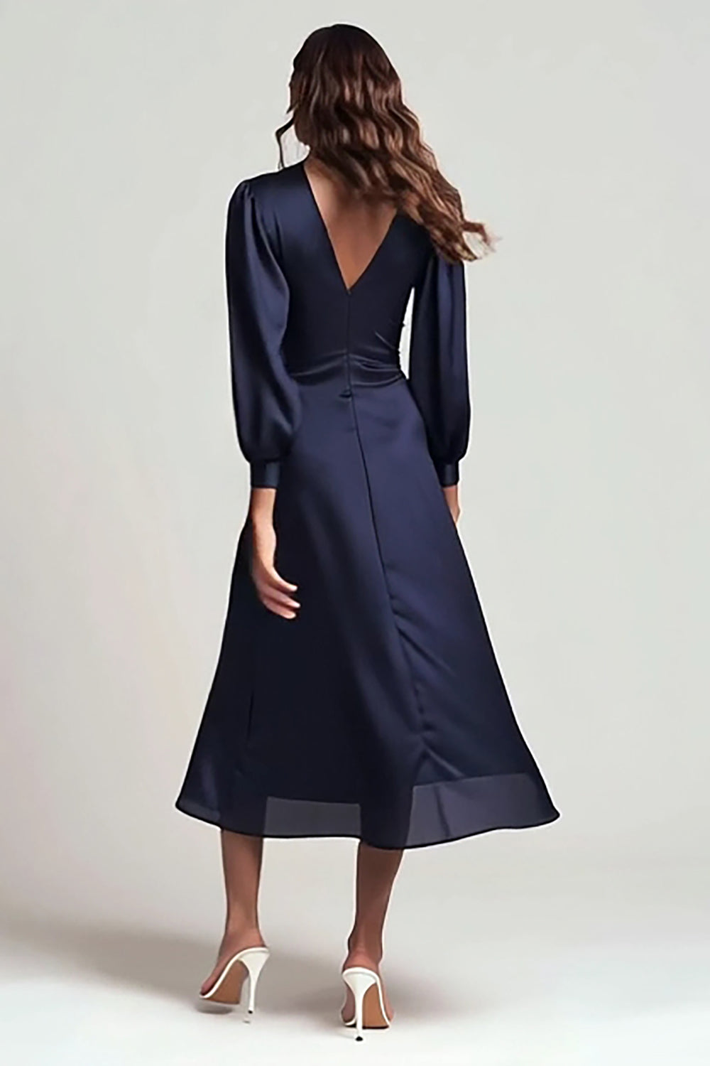 Navy V-Neck Satin Backless Ruched Midi Formal Dress with Sleeves