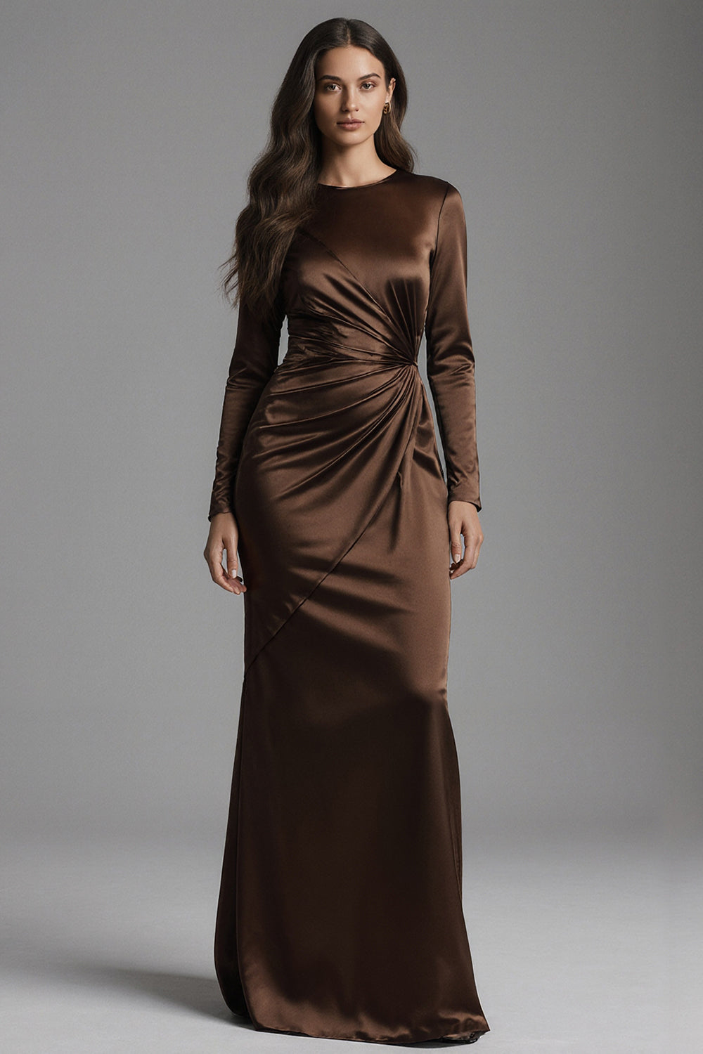 Coffee Mermaid Crew Neck Ruched Long Satin Formal Dress