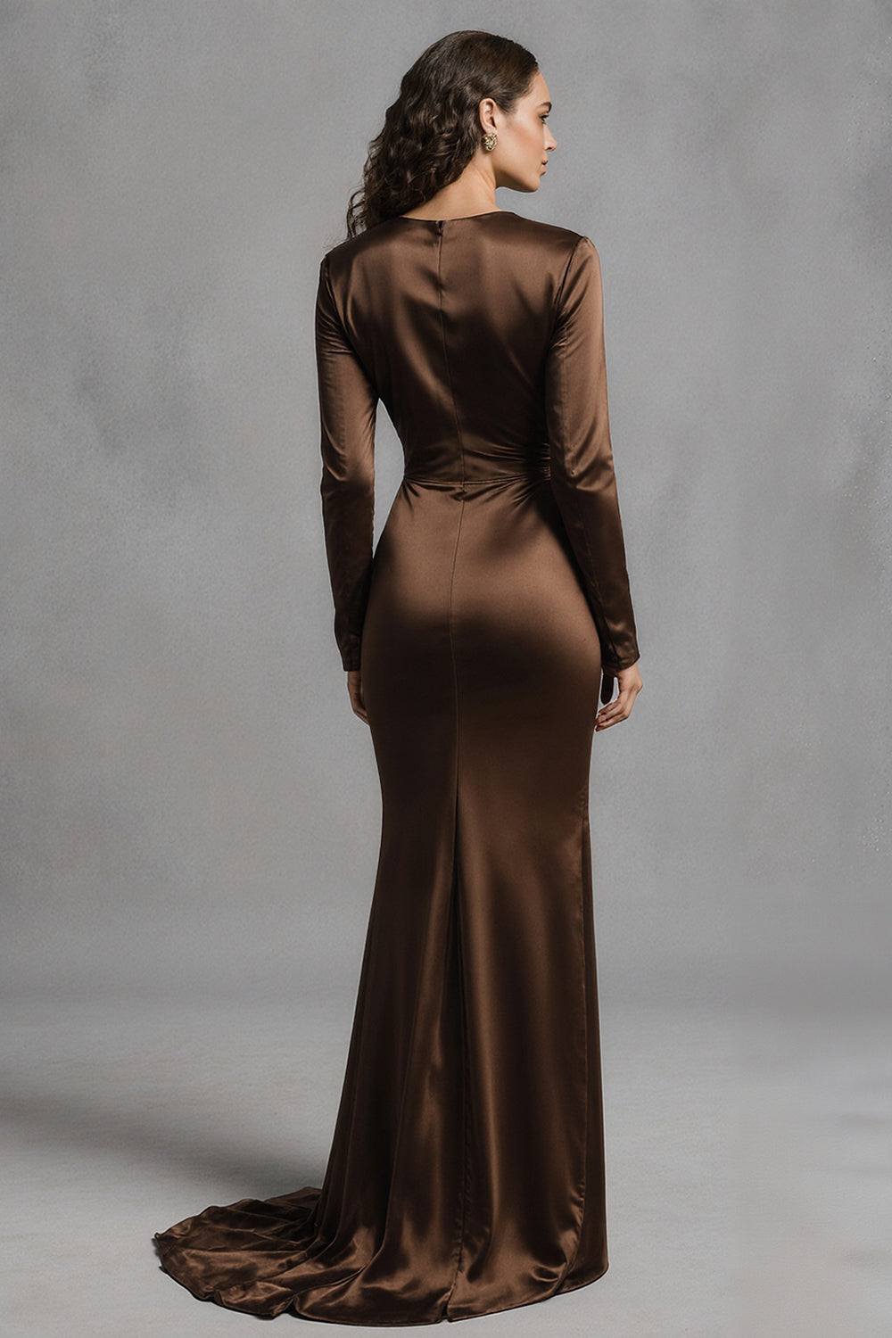 Coffee Mermaid Crew Neck Ruched Long Satin Formal Dress