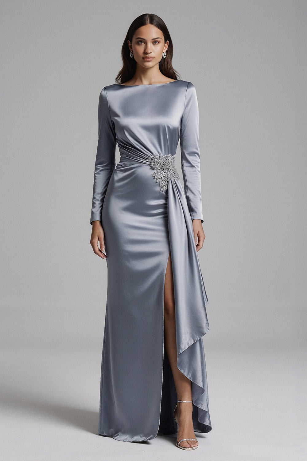 Dusty Blue Satin Mermaid Backless Long Sleeves Formal Dress with Slit