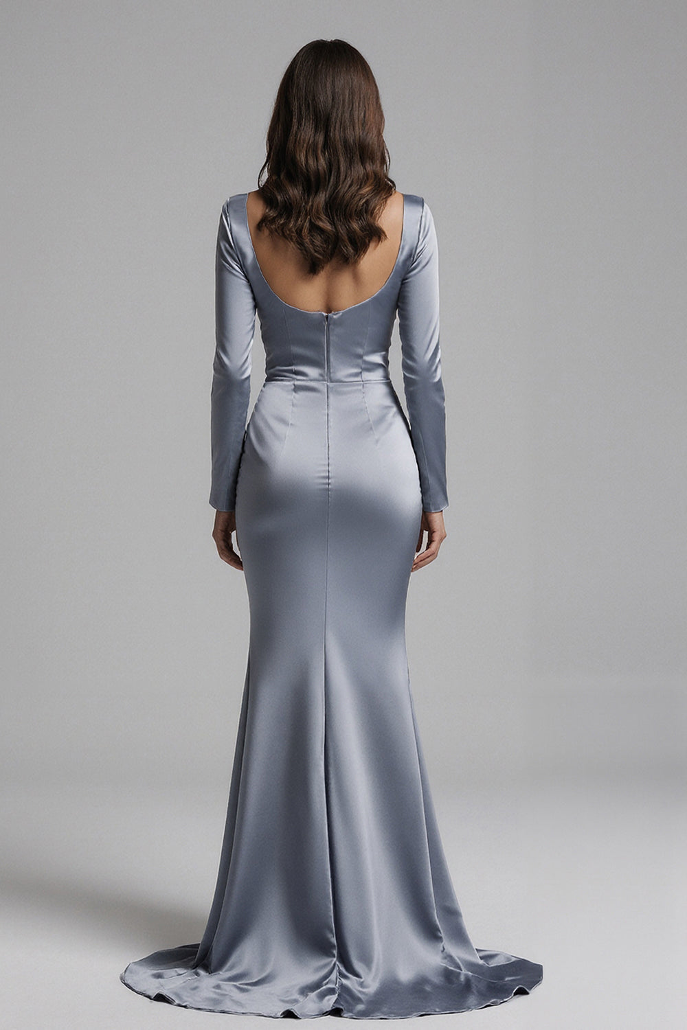 Dusty Blue Satin Mermaid Backless Long Sleeves Formal Dress with Slit