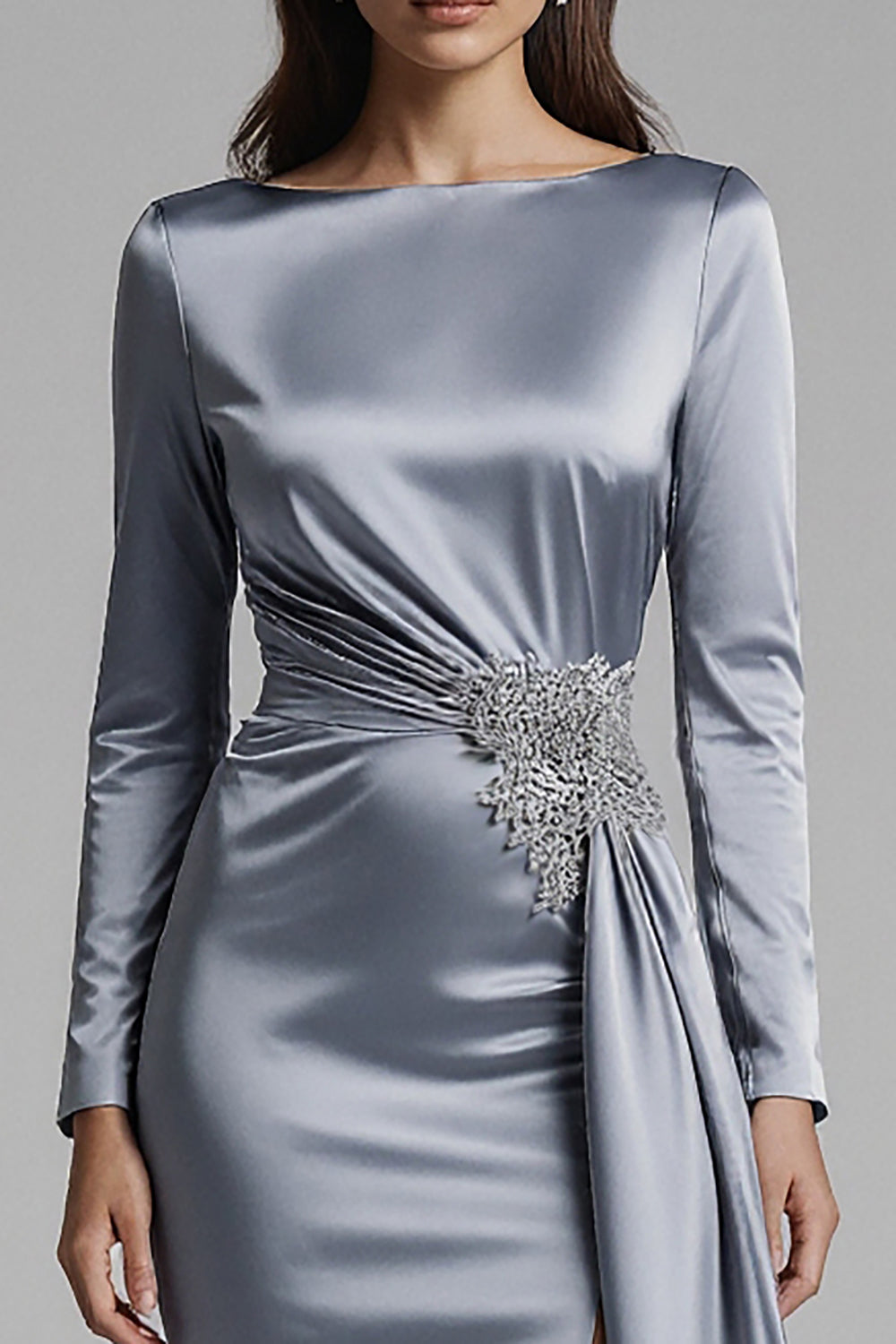 Dusty Blue Satin Mermaid Backless Long Sleeves Formal Dress with Slit