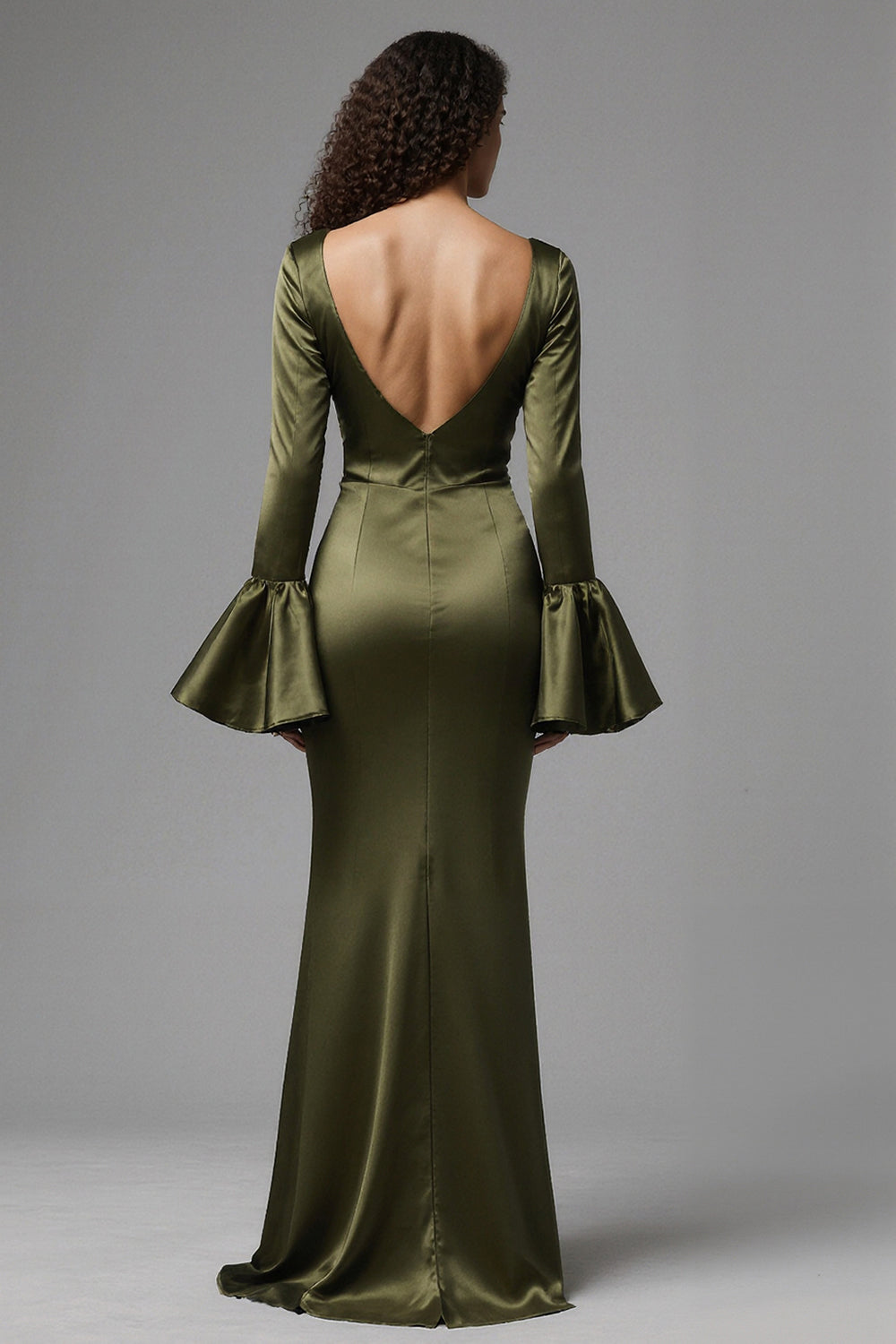Olive Satin Square Neck Mermaid Flare Sleeves Long Evening Dress with Slit