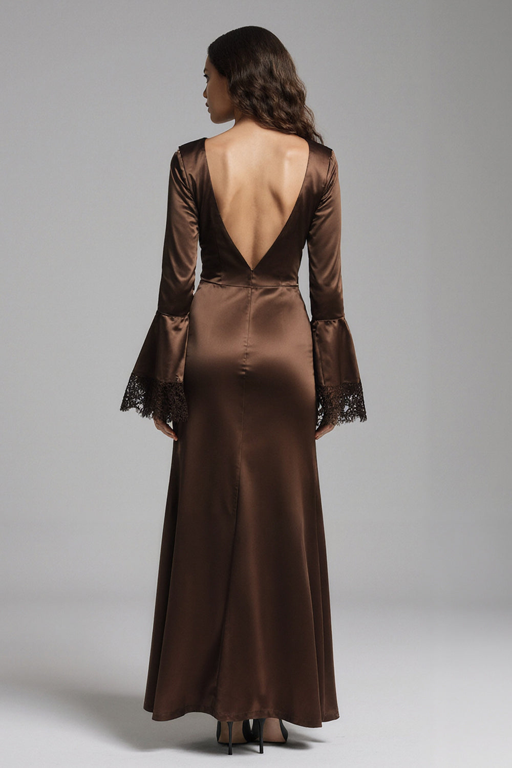 Coffee Mermaid Satin V-Neck Long Sleeves Evening Dress with Slit