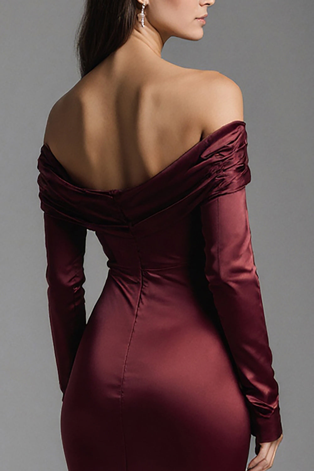Burgundy Mermaid Off the Shoulder Long Satin Evening Dress with Slit