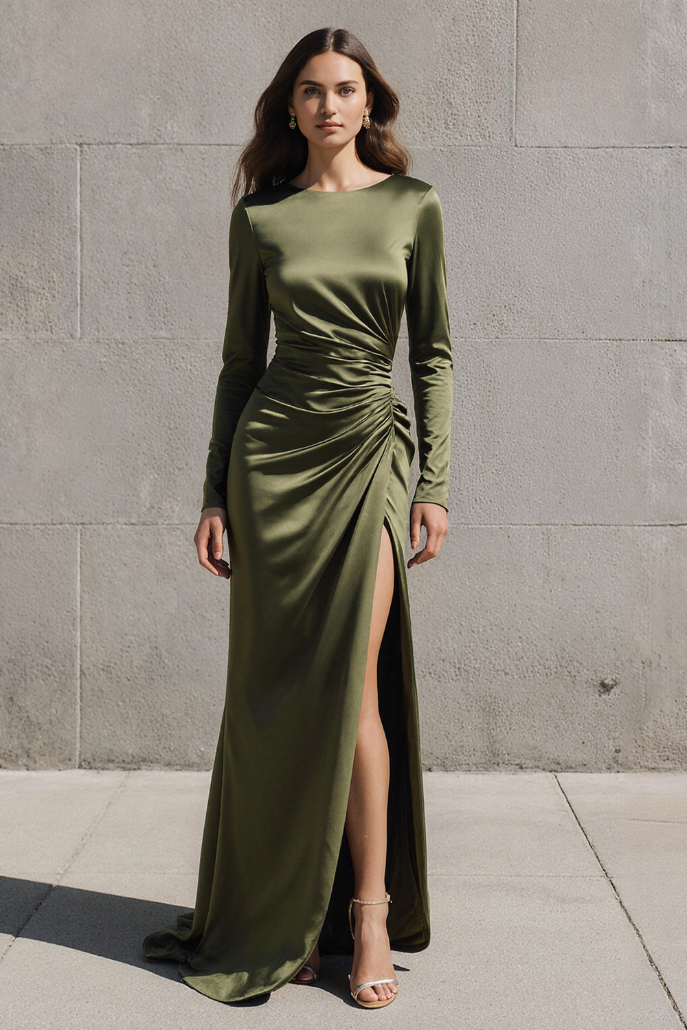Olive Mermaid Boat Neck Satin Ruched Long Sleeves Evening Dress with Slit