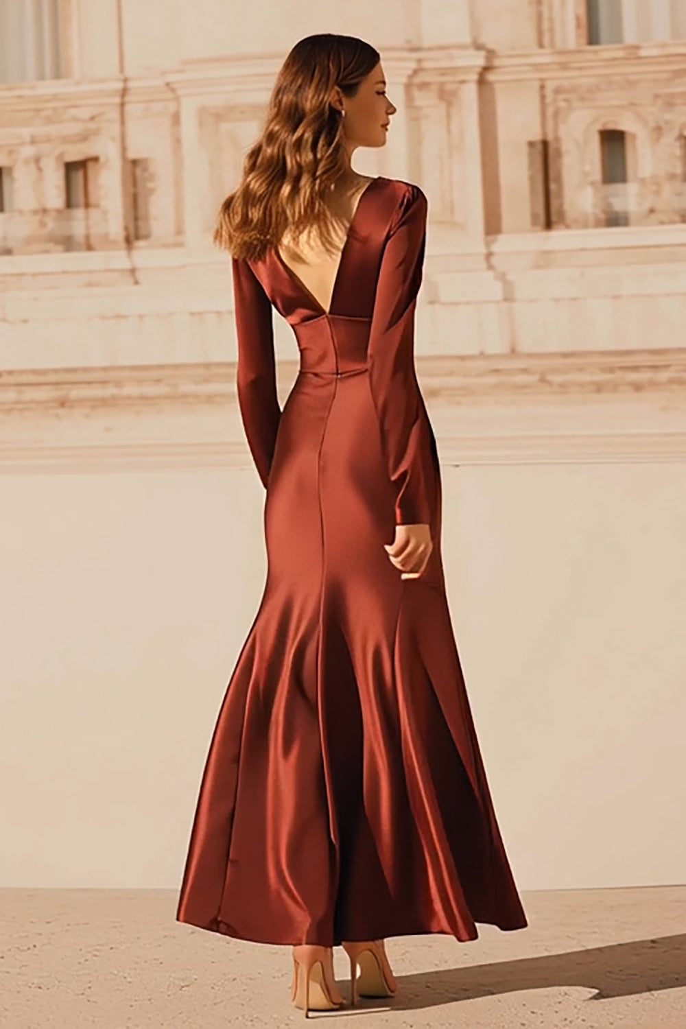 Burgundy Satin V-Neck Mermaid Long Sleeves Evening Dress with Ruffles