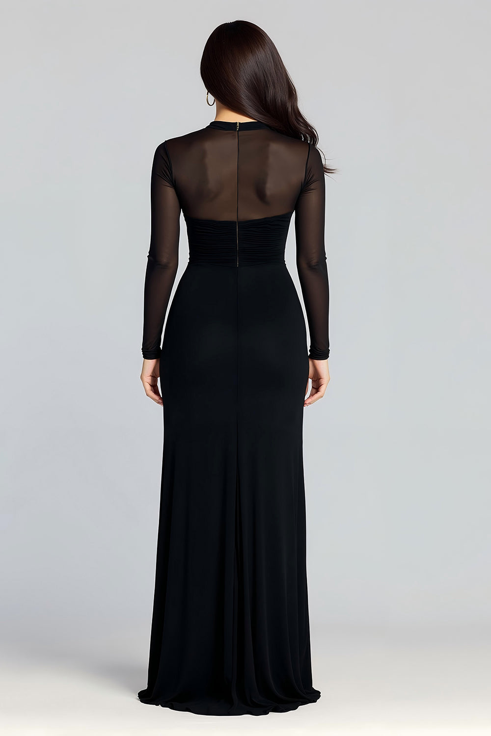 Black Sheath Illusion High Neck Long Sleeves Formal Dress with Slit