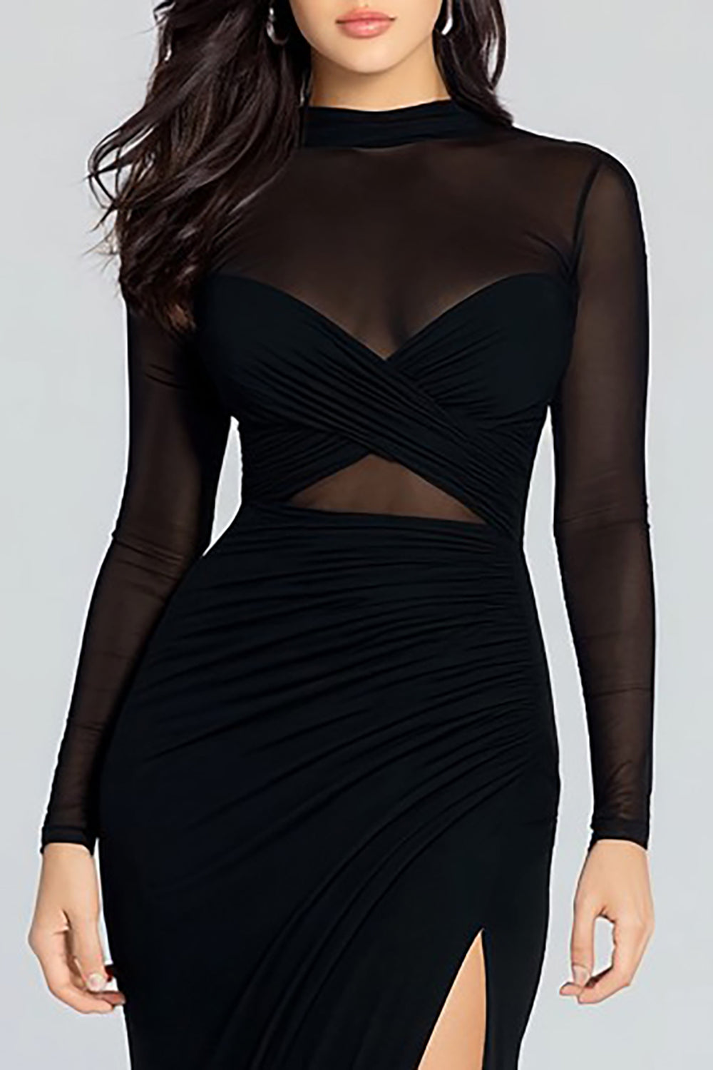 Black Sheath Illusion High Neck Long Sleeves Formal Dress with Slit