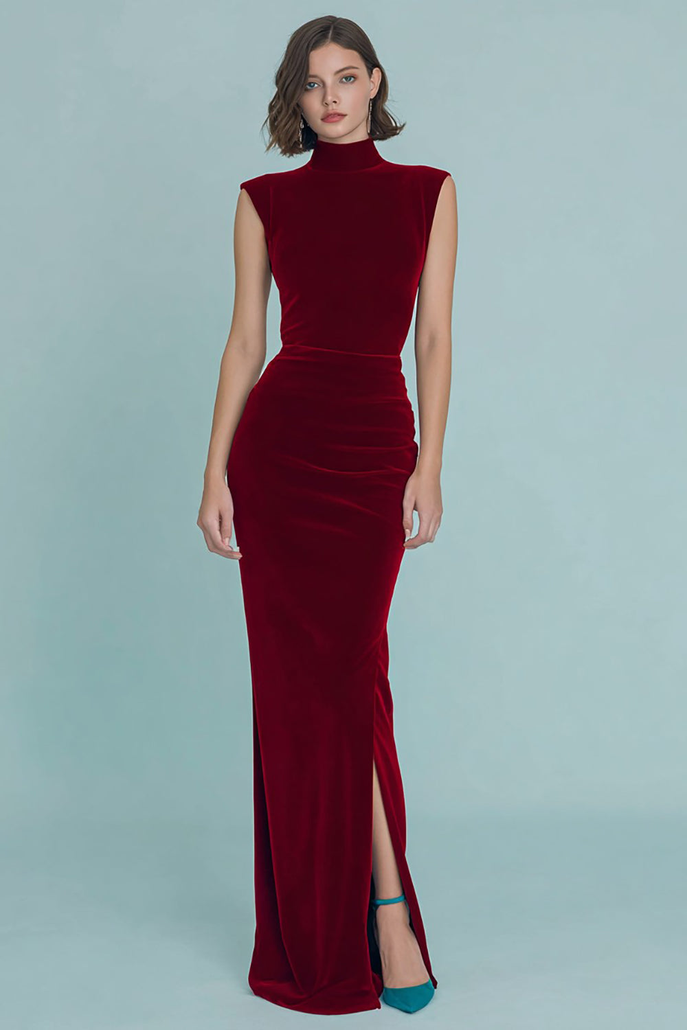 Burgundy Velvet High Neck Ruched Sheath Long Formal Dress with Slit