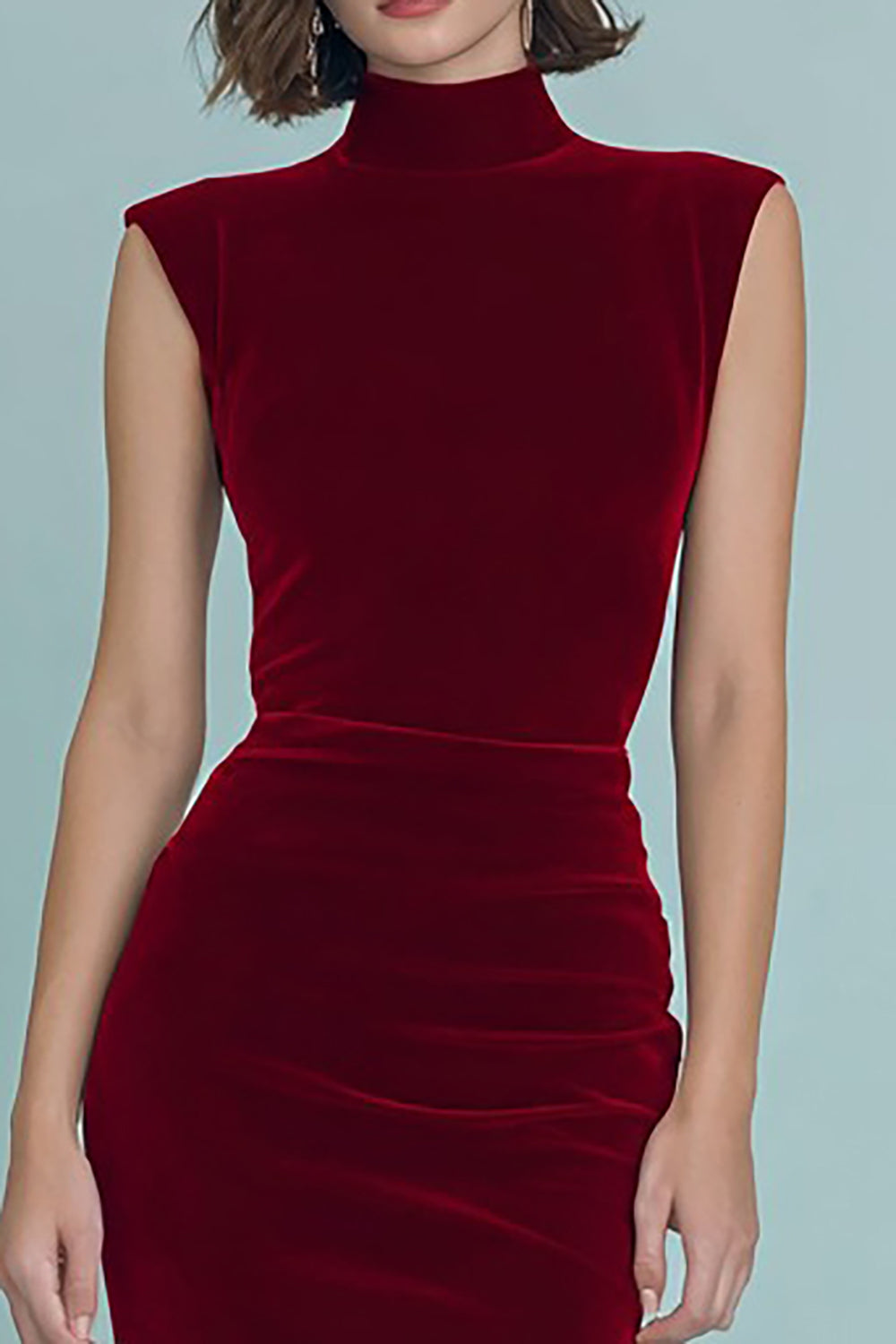 Burgundy Velvet High Neck Ruched Sheath Long Formal Dress with Slit