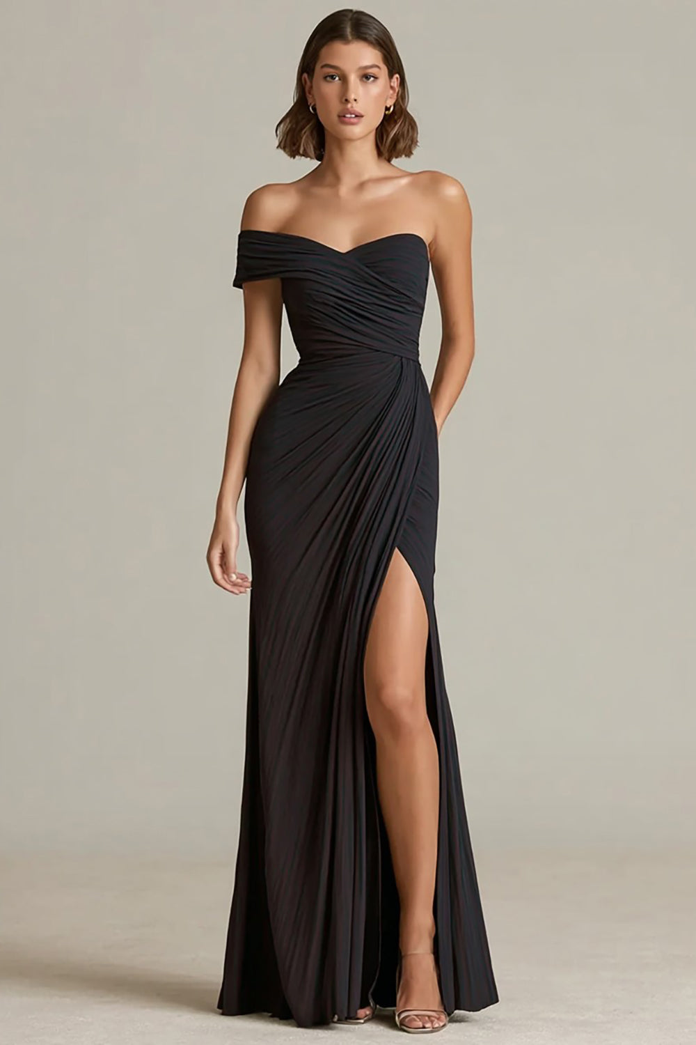 Black Sheath One Shoulder Ruched Long Formal Dress with Slit
