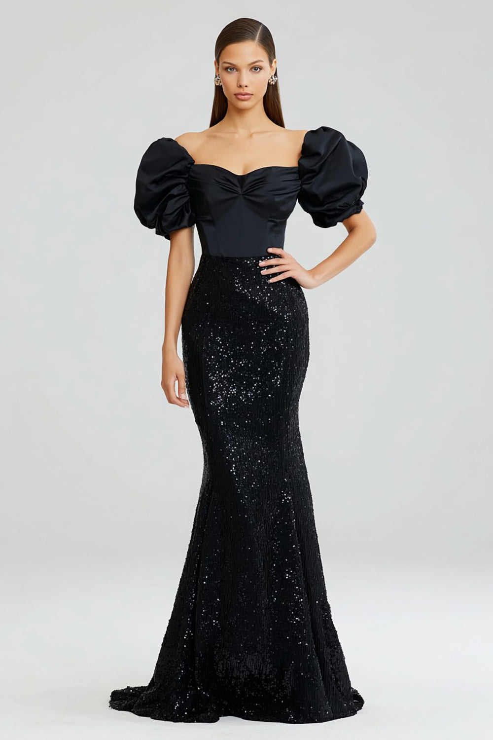 Sparkly Black Mermaid Puff Sleeves Long Satin Formal Dress